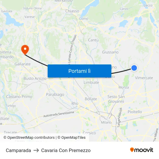 Camparada to Cavaria Con Premezzo map