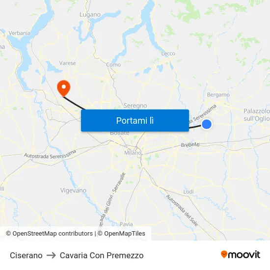 Ciserano to Cavaria Con Premezzo map