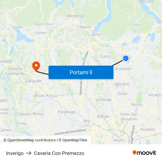 Inverigo to Cavaria Con Premezzo map