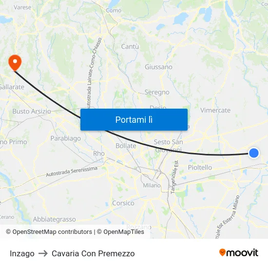 Inzago to Cavaria Con Premezzo map