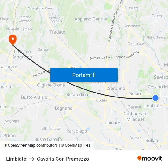 Limbiate to Cavaria Con Premezzo map