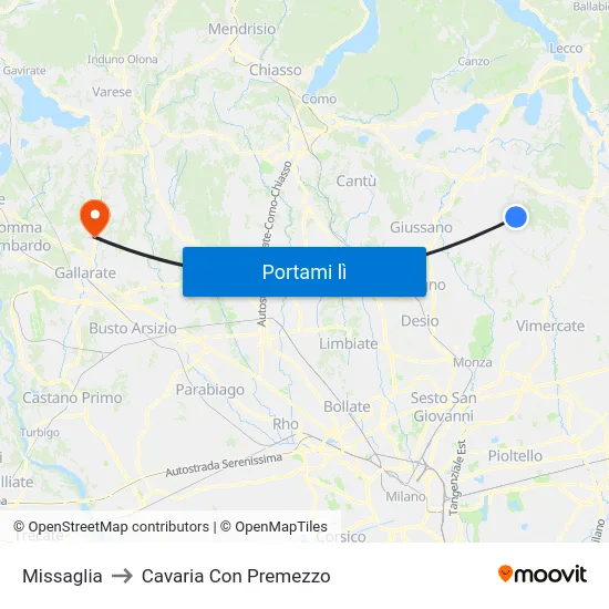 Missaglia to Cavaria Con Premezzo map