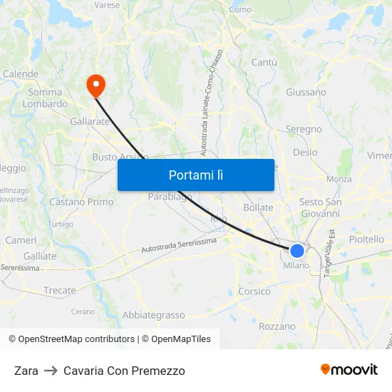 Zara to Cavaria Con Premezzo map