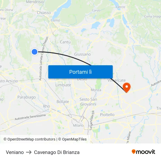 Veniano to Cavenago Di Brianza map