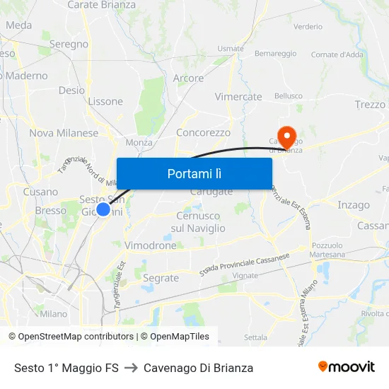 Sesto 1° Maggio FS to Cavenago Di Brianza map