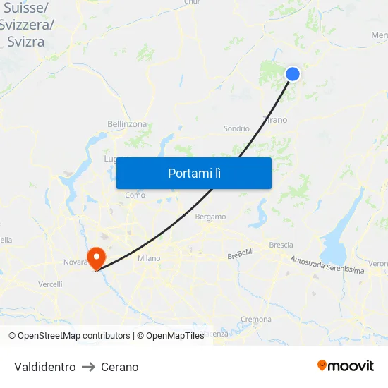 Valdidentro to Cerano map