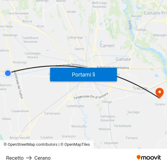 Recetto to Cerano map