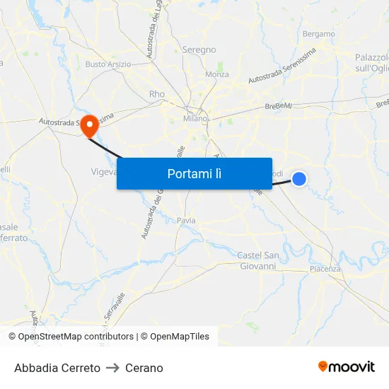 Abbadia Cerreto to Cerano map