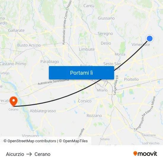 Aicurzio to Cerano map