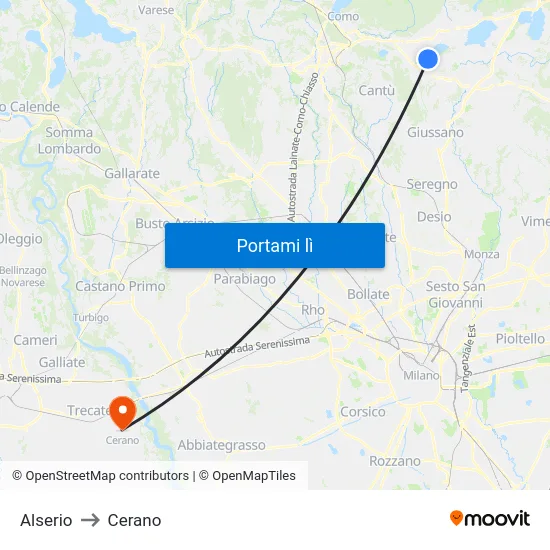Alserio to Cerano map