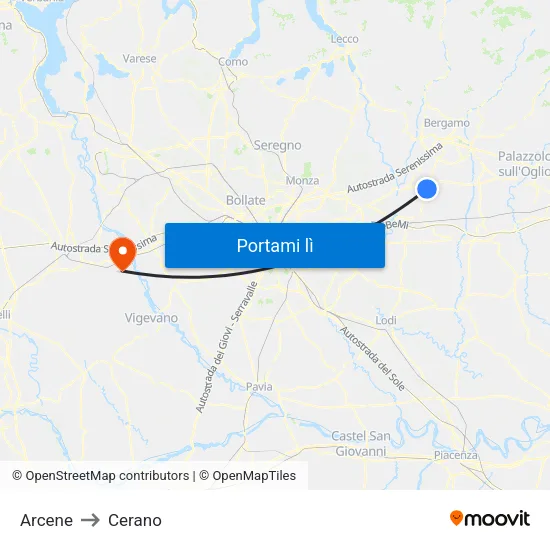 Arcene to Cerano map