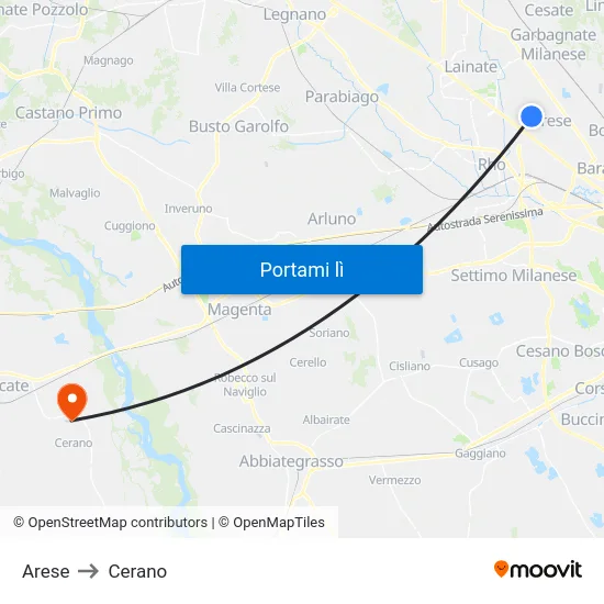 Arese to Cerano map