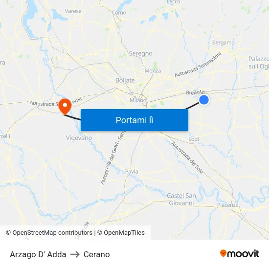 Arzago D' Adda to Cerano map