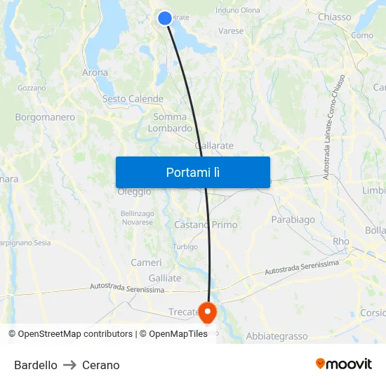 Bardello to Cerano map
