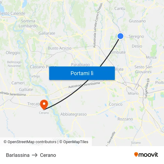 Barlassina to Cerano map