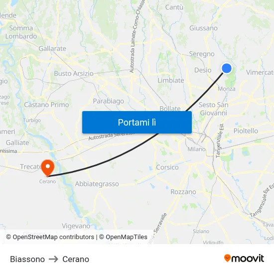 Biassono to Cerano map