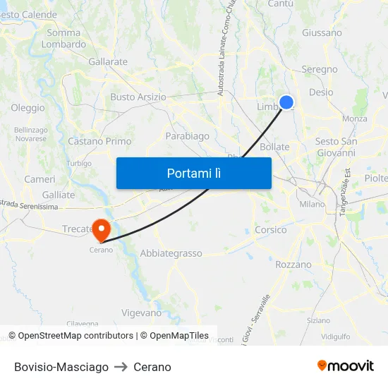 Bovisio-Masciago to Cerano map