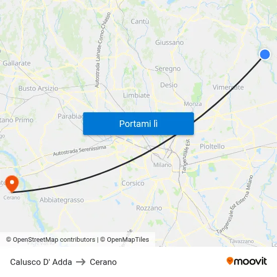 Calusco D' Adda to Cerano map