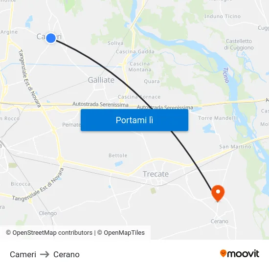 Cameri to Cerano map