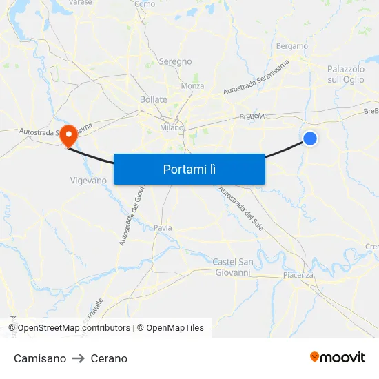 Camisano to Cerano map