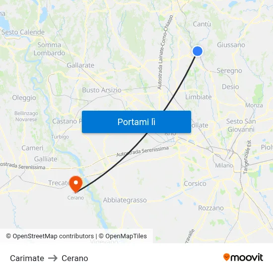 Carimate to Cerano map