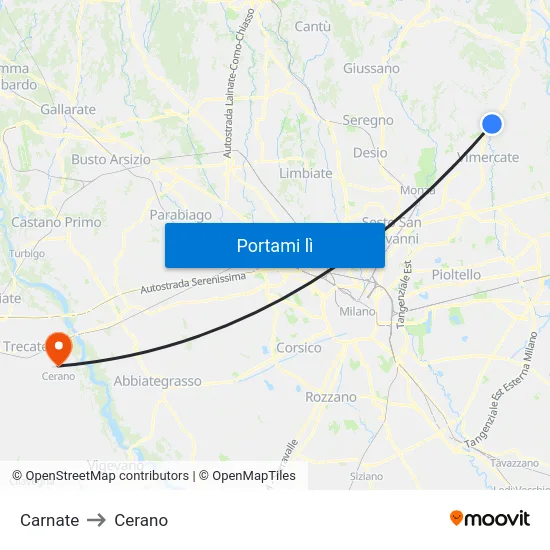 Carnate to Cerano map