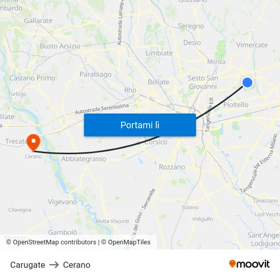 Carugate to Cerano map