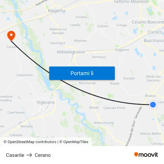 Casarile to Cerano map