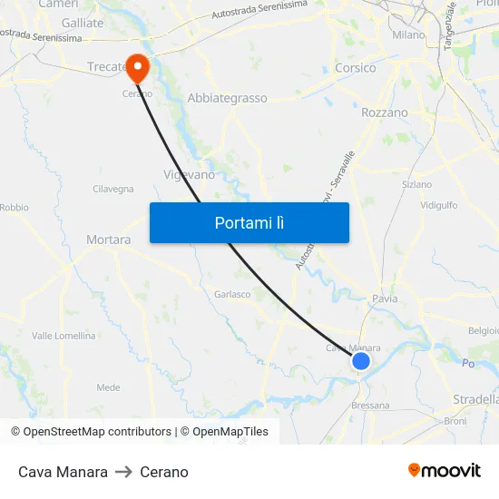 Cava Manara to Cerano map