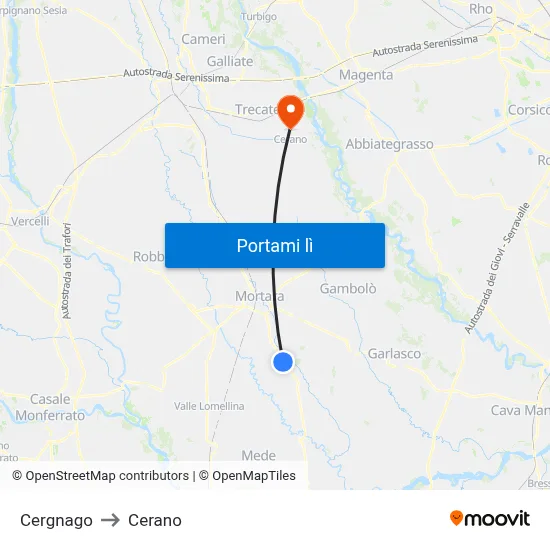 Cergnago to Cerano map