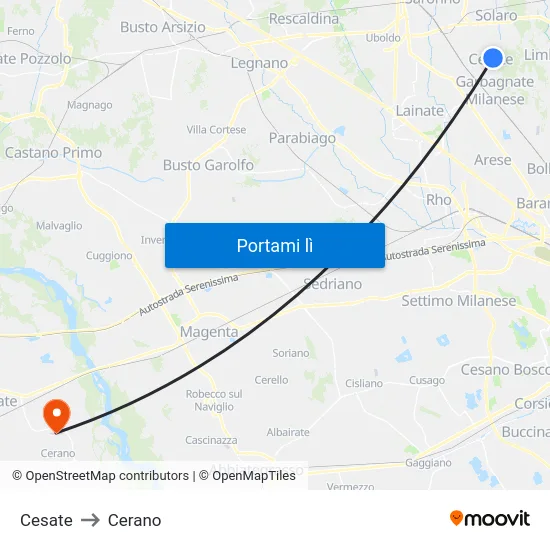 Cesate to Cerano map