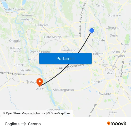 Cogliate to Cerano map