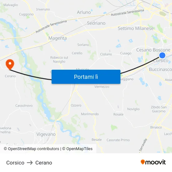 Corsico to Cerano map