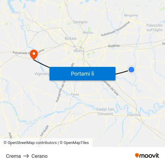 Crema to Cerano map