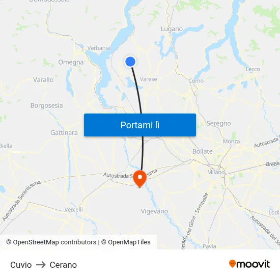Cuvio to Cerano map