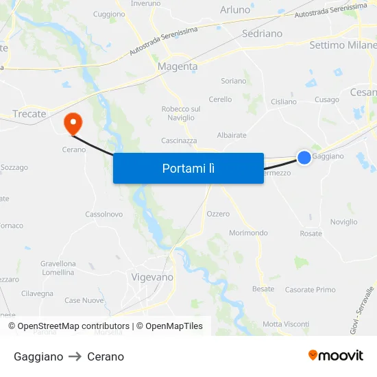 Gaggiano to Cerano map