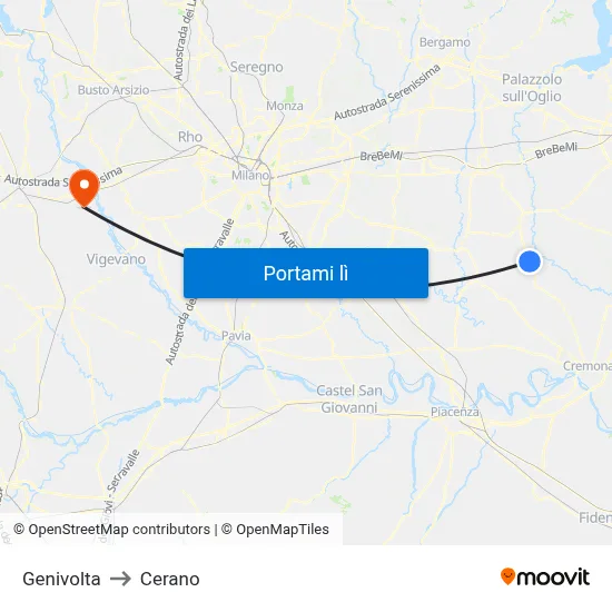 Genivolta to Cerano map