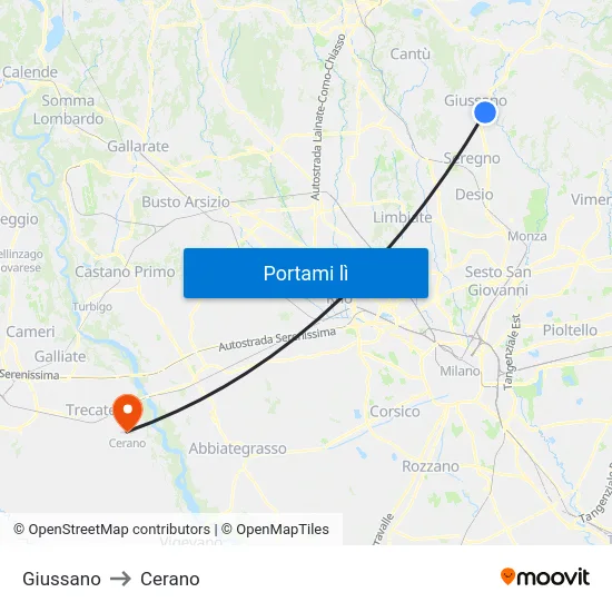 Giussano to Cerano map