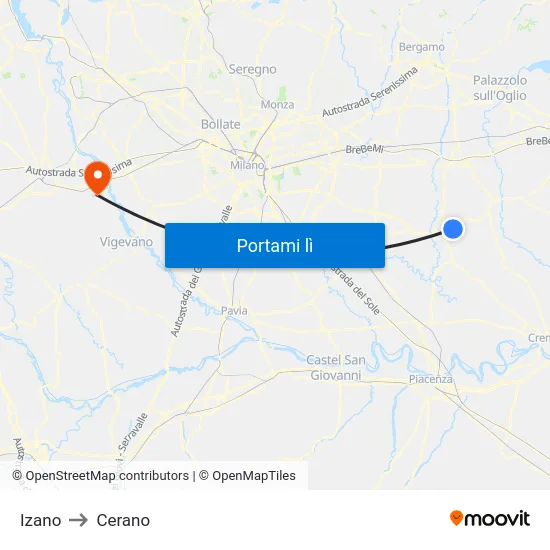 Izano to Cerano map