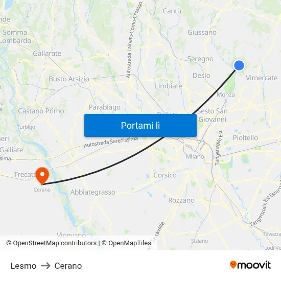 Lesmo to Cerano map