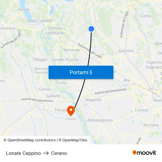Lonate Ceppino to Cerano map