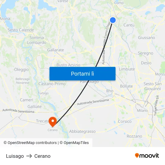 Luisago to Cerano map