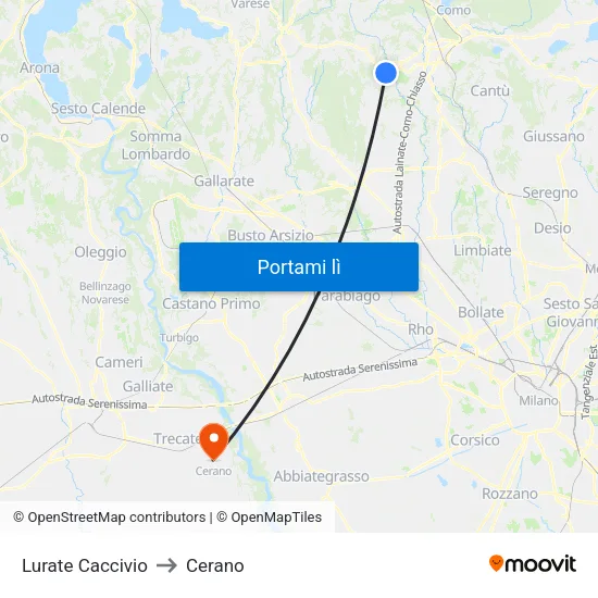 Lurate Caccivio to Cerano map