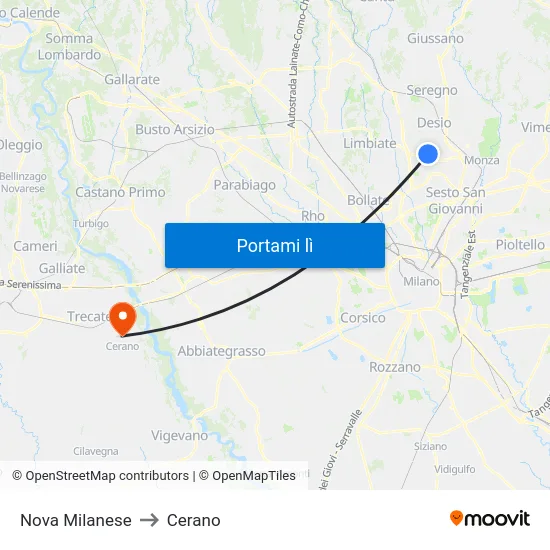 Nova Milanese to Cerano map