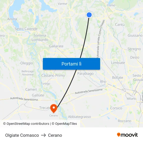 Olgiate Comasco to Cerano map