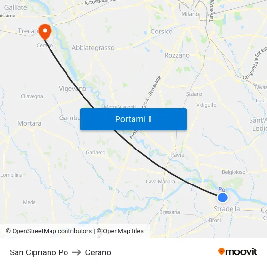 San Cipriano Po to Cerano map