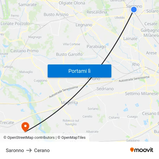 Saronno to Cerano map
