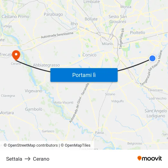 Settala to Cerano map