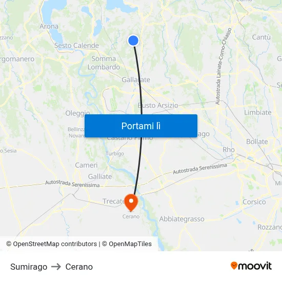 Sumirago to Cerano map