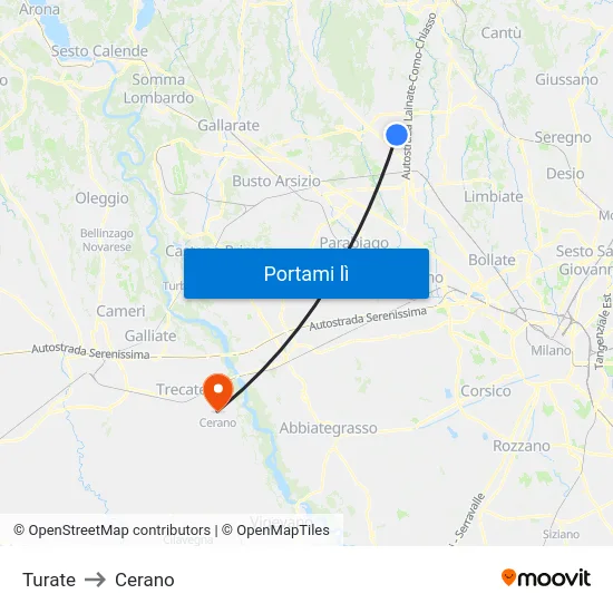 Turate to Cerano map